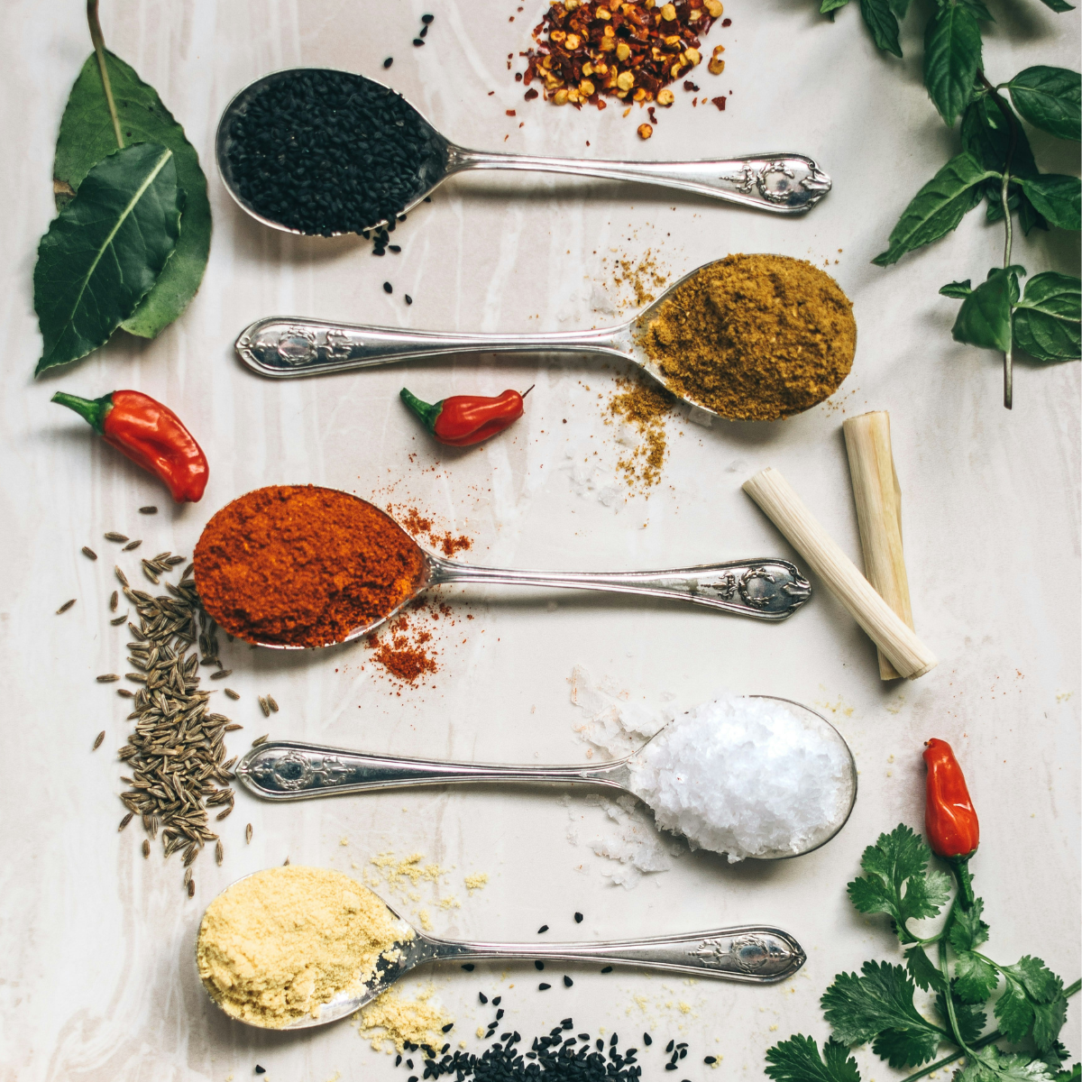 Cooking spoons with various spices and herbs